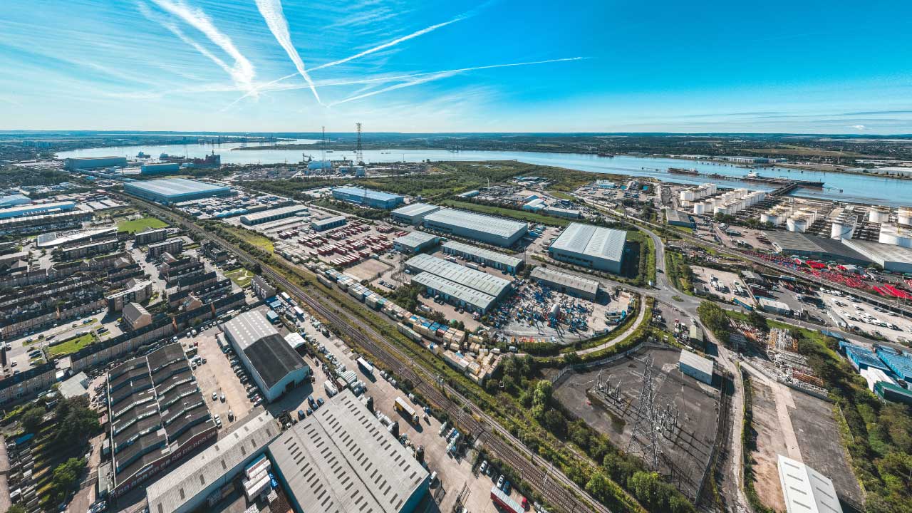 Aerial view of multiple large commercial buildings in an existing city development