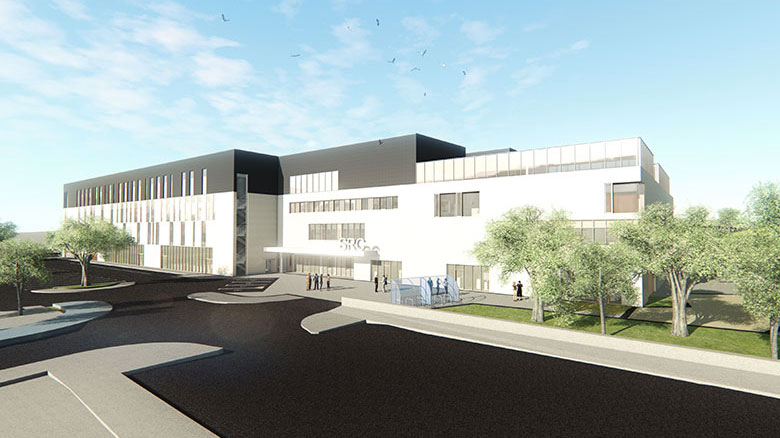 Architectural rendering of a modern building with a sleek design, featuring large windows and landscaped surroundings.