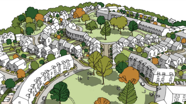 An illustrated aerial view of a residential development featuring various houses, green spaces, and trees arranged in a circular layout.