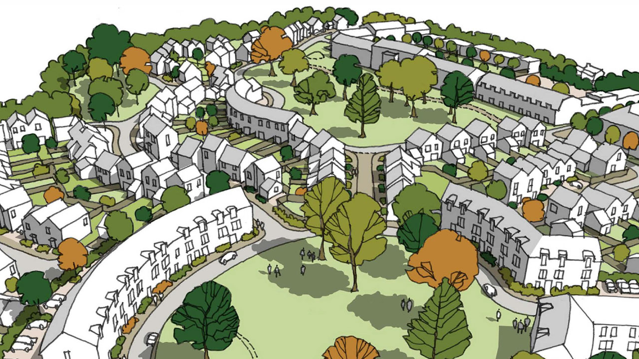 An illustrated aerial view of a residential development featuring various houses, green spaces, and trees arranged in a circular layout.