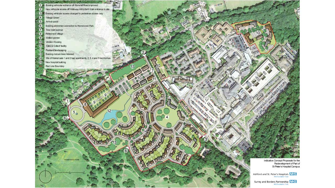 A detailed map showing the proposed redevelopment of St. Peter's Hospital campus, including residential areas, green spaces, and new facilities, with numbered features and a legend.