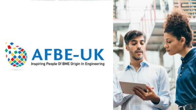 Two people looking a tablet, with text that reads “AFBE-UK, Inspiring People of BME Origin in Engineering”