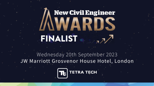 Navy blue background with stars and text New Civil Engineer Awards Finalist Wednesday 20th September 2023 JW Marriott Grosvenor House Hotel, London
