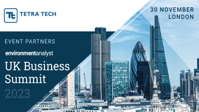 A promotional graphic for the UK Business Summit 2023, featuring the Tetra Tech logo and a city skyline background.