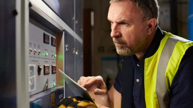 A man in a hi-visibility vest inspects a monitoring system for compliance