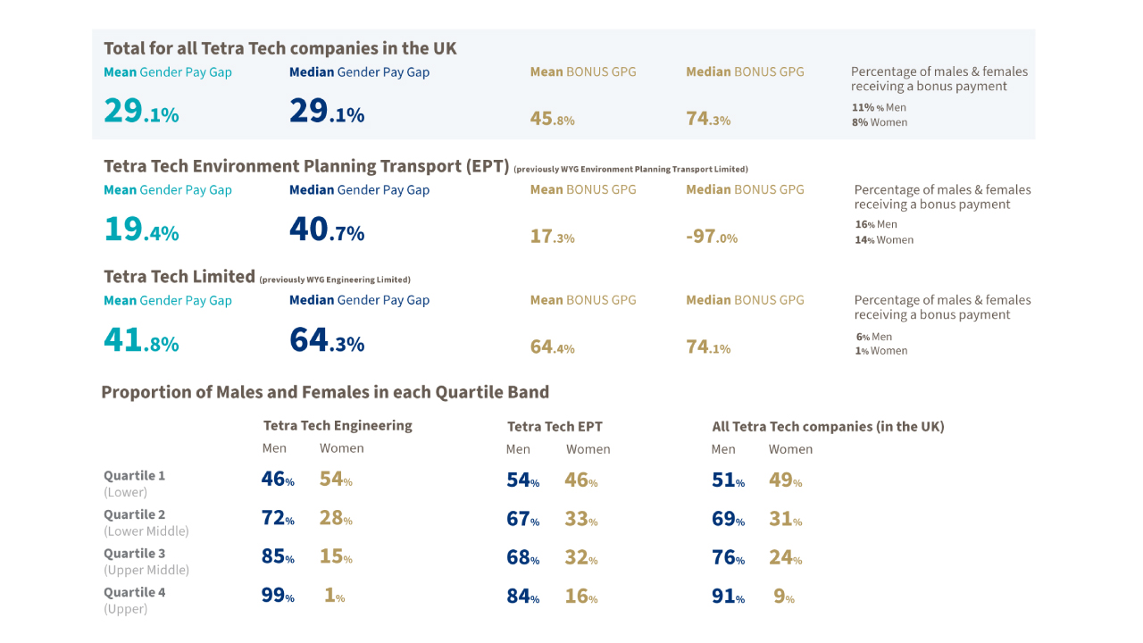 Charts of percentages comparing gender pay gap for three entities over four quarters