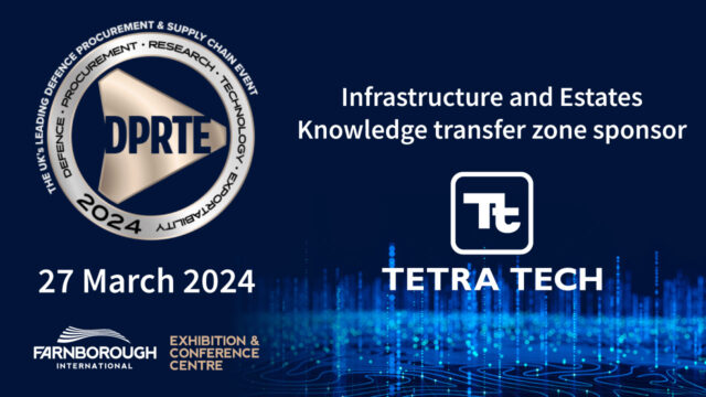 a DPRTE emblem and Tetra Tech logo with text that reads “Infrastructure and Estates Knowledge transfer zone sponsor” on a blue background