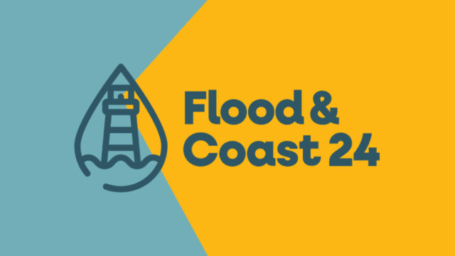 A graphic featuring the text "Flood & Coast 24" alongside an illustration of a lighthouse inside a water droplet. The background is divided diagonally with a light blue section on the left and a bright yellow section on the right.