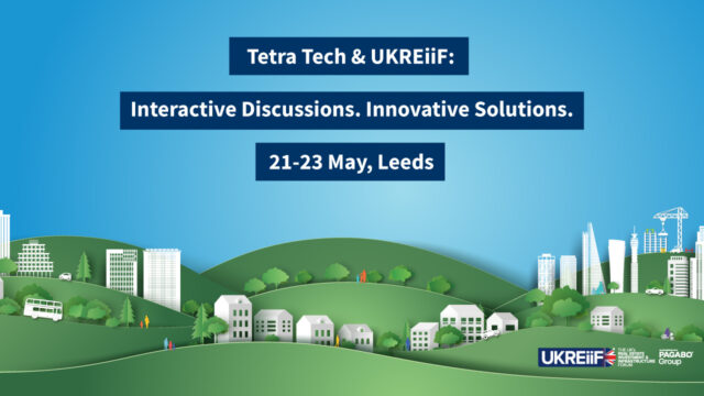 Graphic model of a city scape, with text that reads "Tetra Tech & UKREiiF: Interactive Discussions. Innovative Solutions. 21-23 May, Leeds