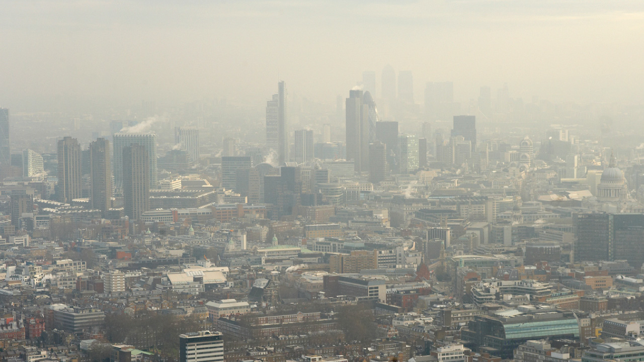 Aerial view of London with dense smog