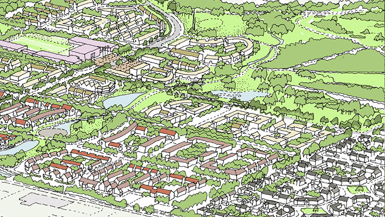 A detailed aerial illustration of a residential neighborhood layout, featuring various houses, green spaces, and winding roads. The design includes clusters of homes with red roofs, parks, and a river running through the area.