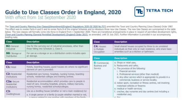 A screenshot of the Guide to Use Classes Order in England, 2020 briefing document