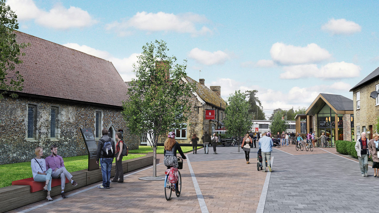 A commercial plaza filled with pedestrians and bicyclists