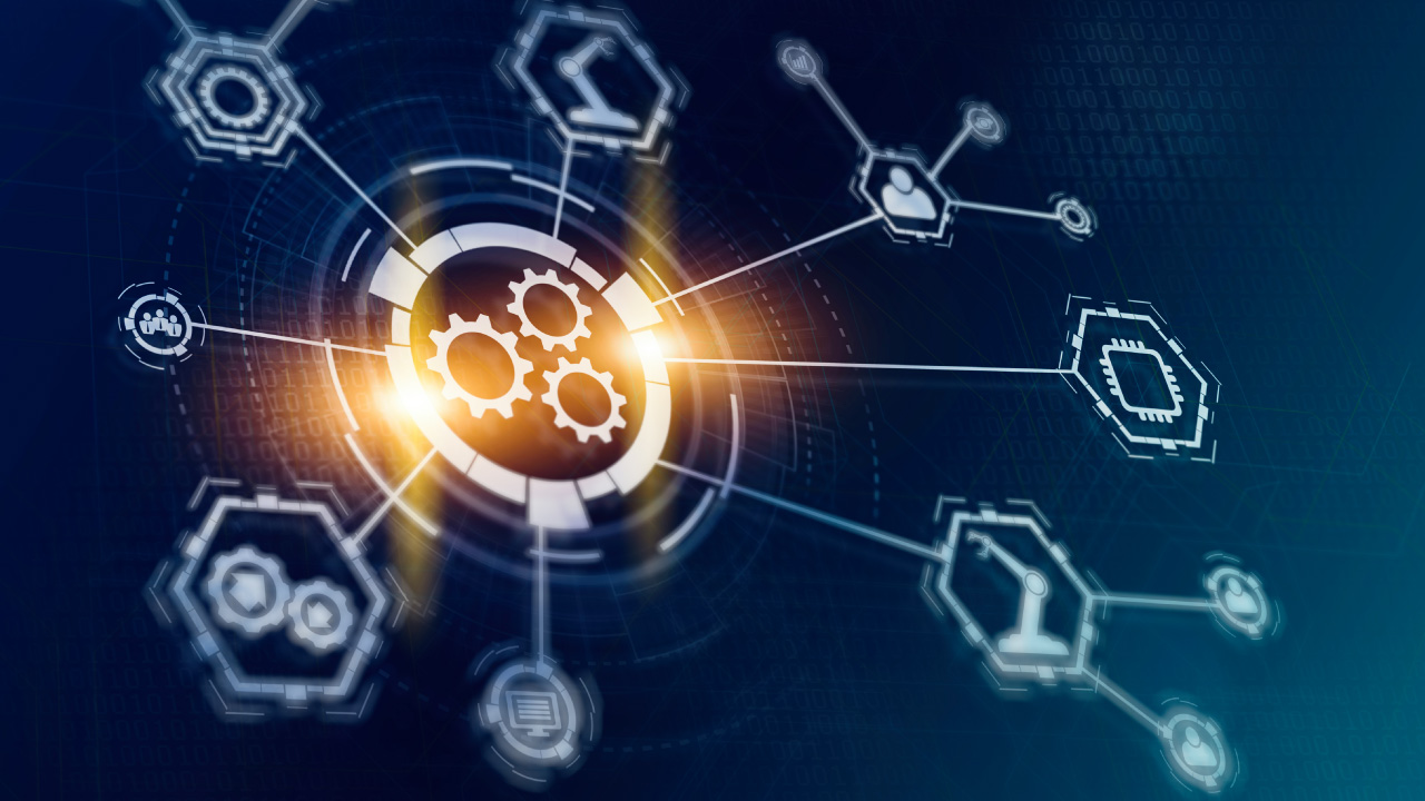 A digital illustration depicting interconnected gears and technology icons, symbolizing automation and connectivity.