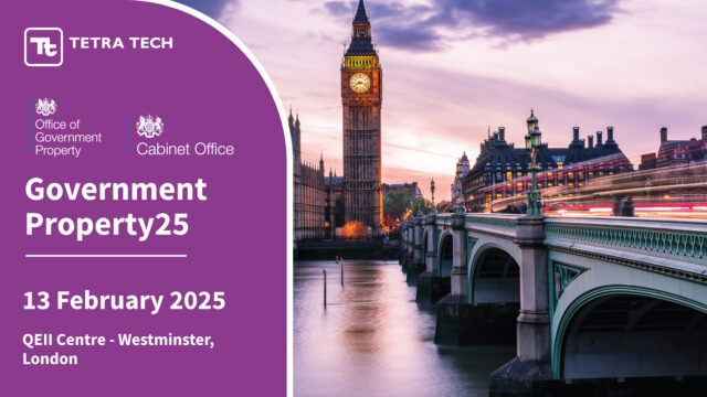 A promotional graphic for the Government Property25 event featuring a scenic view of the Big Ben clock tower and the River Thames at sunset. The design includes the Tetra Tech logo and the logos of the Office of Government Property and the Cabinet Office. The event details are prominently displayed in white text on a purple background.