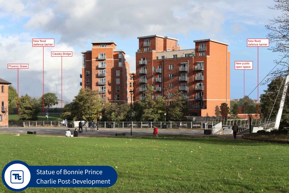 A view of the area around the Statue of Bonnie Prince Charlie after development, featuring new buildings, a flood defense barrier, and public spaces. Labels indicate various features such as "Phoenix Green" and "Causey Bridge."