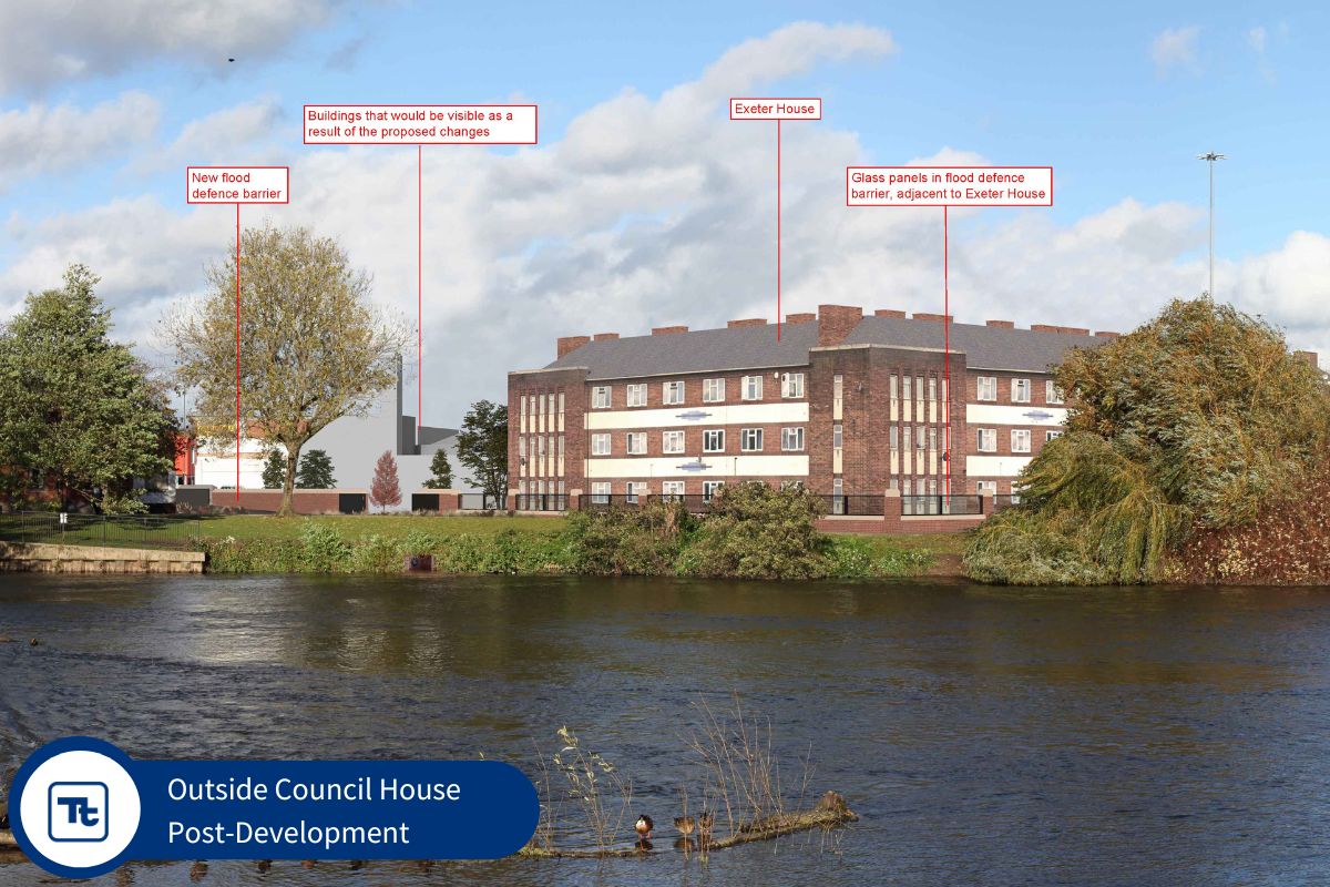 An image showing the area outside the Council House after development, featuring Exeter House prominently in the foreground. The scene includes a new flood defense barrier with glass panels adjacent to the building. Labels indicate the flood defense barrier and other buildings that will be visible due to proposed changes, along with trees and a river in the background.