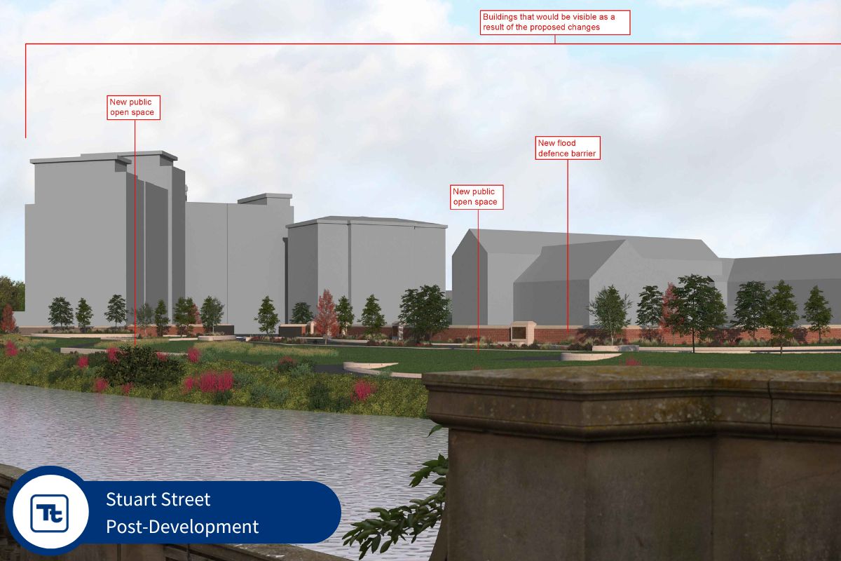 An image of Stuart Street after development, showcasing new public open spaces and a flood defense barrier. The scene features several modern buildings in the background, with greenery and landscaping in the foreground. Labels indicate the new public open spaces and the flood defense barrier, along with a note about buildings that will be visible due to proposed changes.