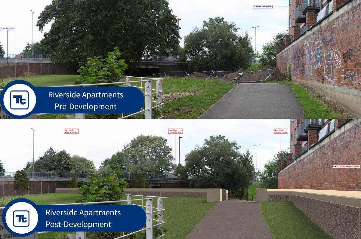 A side-by-side comparison of the Riverside Apartments area. The top image labeled "Pre-Development" shows an unrefined landscape with overgrown grass and a wall with graffiti. The bottom image labeled "Post-Development" displays a transformed area with a well-maintained pathway, landscaped greenery, and modern features, indicating significant improvements.