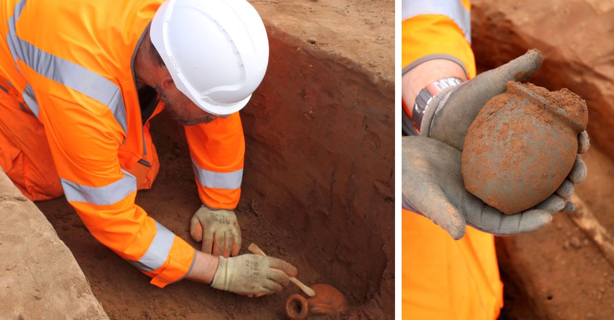 Left image shows an archaeologist in an orange safety jacket and white helmet carefully brushing dirt off an ancient pottery vessel partially buried in the ground. Right image shows a close-up of the archaeologist's gloved hands holding the dirt-covered pottery vessel.