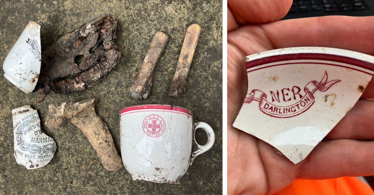 Left image shows several old artifacts including broken ceramic pieces, a rusty metal fragment, two small wooden sticks, and a dirty white ceramic cup with a red emblem laid out on a rough stone surface. Right image shows a close-up of a hand holding a broken ceramic shard with red lettering that reads "N.E.R Darlington."