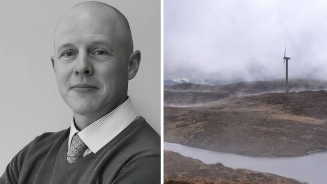 chatgpt-4.1mini Alt text: Left side: Black and white portrait of a bald man wearing a collared shirt, patterned tie, and a sweater, looking directly at the camera with a neutral expression. Right side: A misty landscape featuring rolling hills, a narrow body of water, and a single wind turbine standing tall against a cloudy sky.