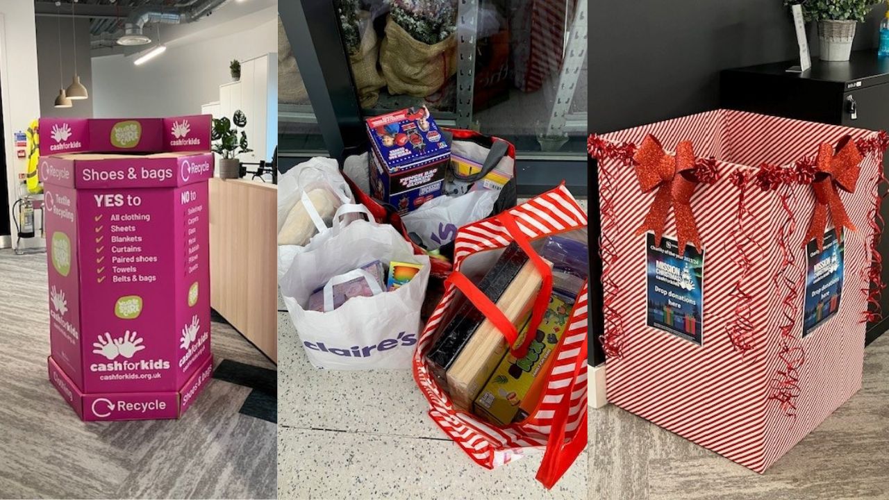 Three images showing donation and recycling efforts: a pink recycling bin for shoes and bags, several bags filled with donated toys and items, and a large red and white striped donation box decorated with red bows and tinsel.