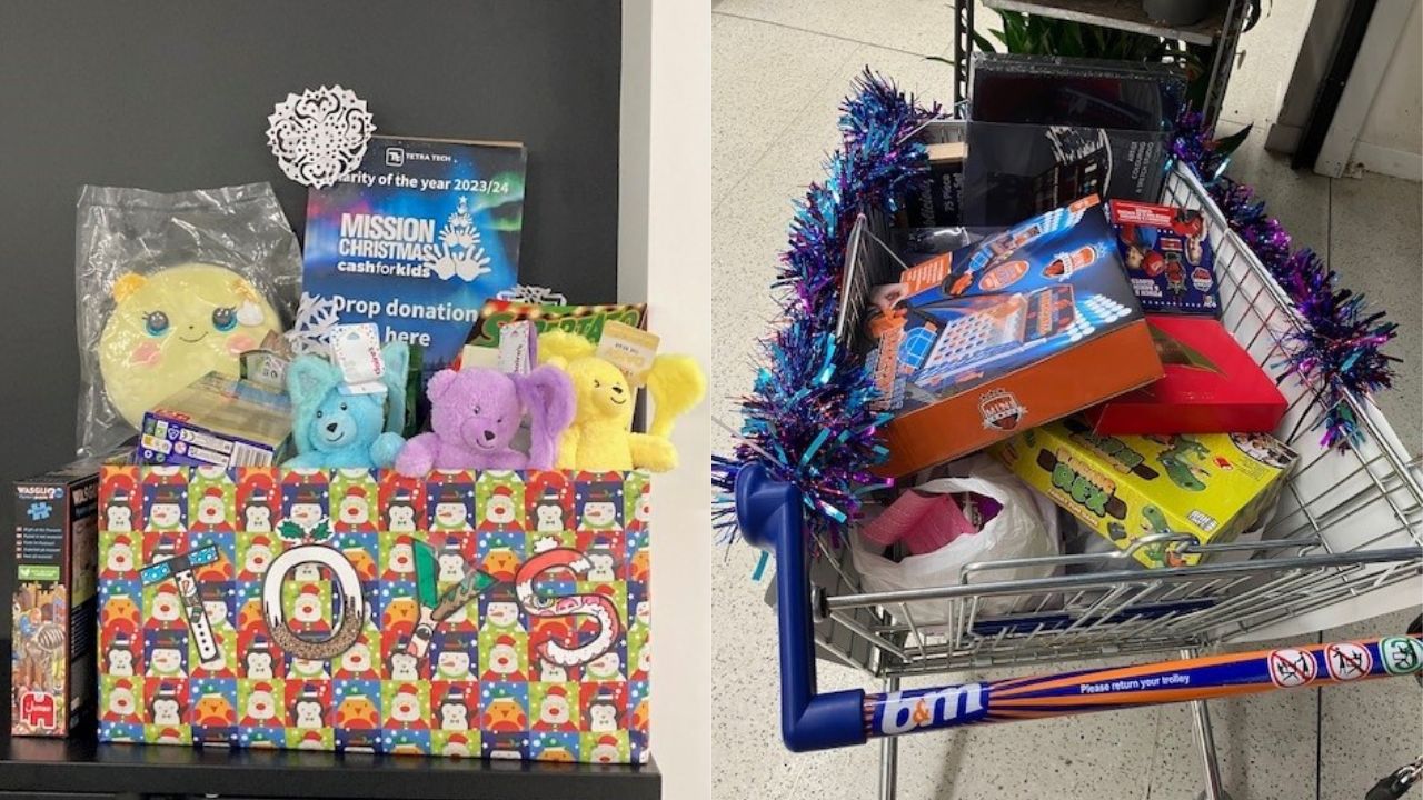 A colorful Christmas-themed box labeled "TOYS" filled with stuffed animals, puzzles, and games, alongside a sign for "Mission Christmas" donations. Right image: A shopping cart decorated with blue and purple tinsel, filled with various boxed toys and gift items.