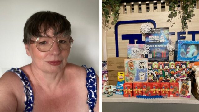 Left side: A woman with short brown hair and glasses wearing a blue and white patterned sleeveless top, smiling at the camera. Right side: A collection of colorful gift boxes and wrapped presents on a counter, with a sign that reads "MISSION CHRISTMAS cash for kids - Prop donations here." The background shows part of a logo and some hanging green plants.