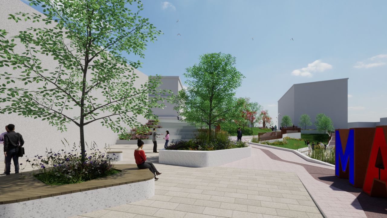 A digital rendering of a modern urban park with paved walkways, green trees, flower beds, seating areas, and people walking and sitting, with colourful large letters of the Rotherham sign partially visible on the right.