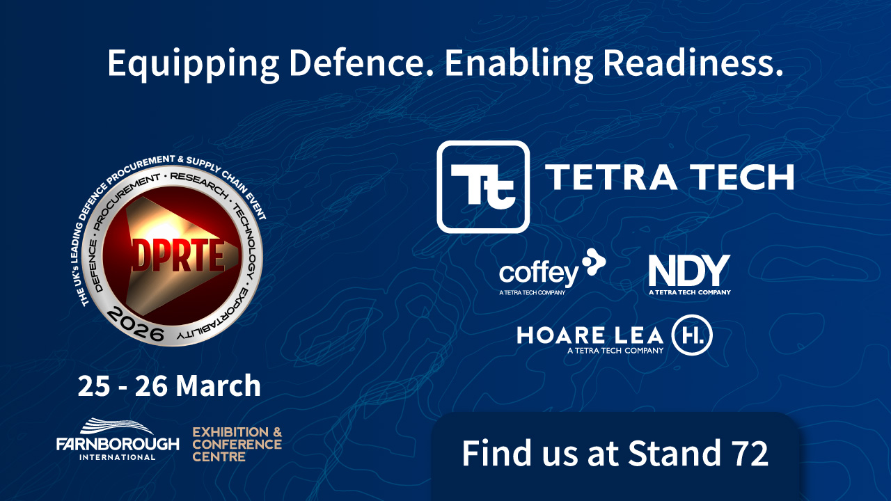 Blue event banner with "Equipping Defence. Enabling Readiness." headline, DPRTE 2026 badge, Tetra Tech and partner logos, Farnborough dates 25–26 March, and "Find us at Stand 72.